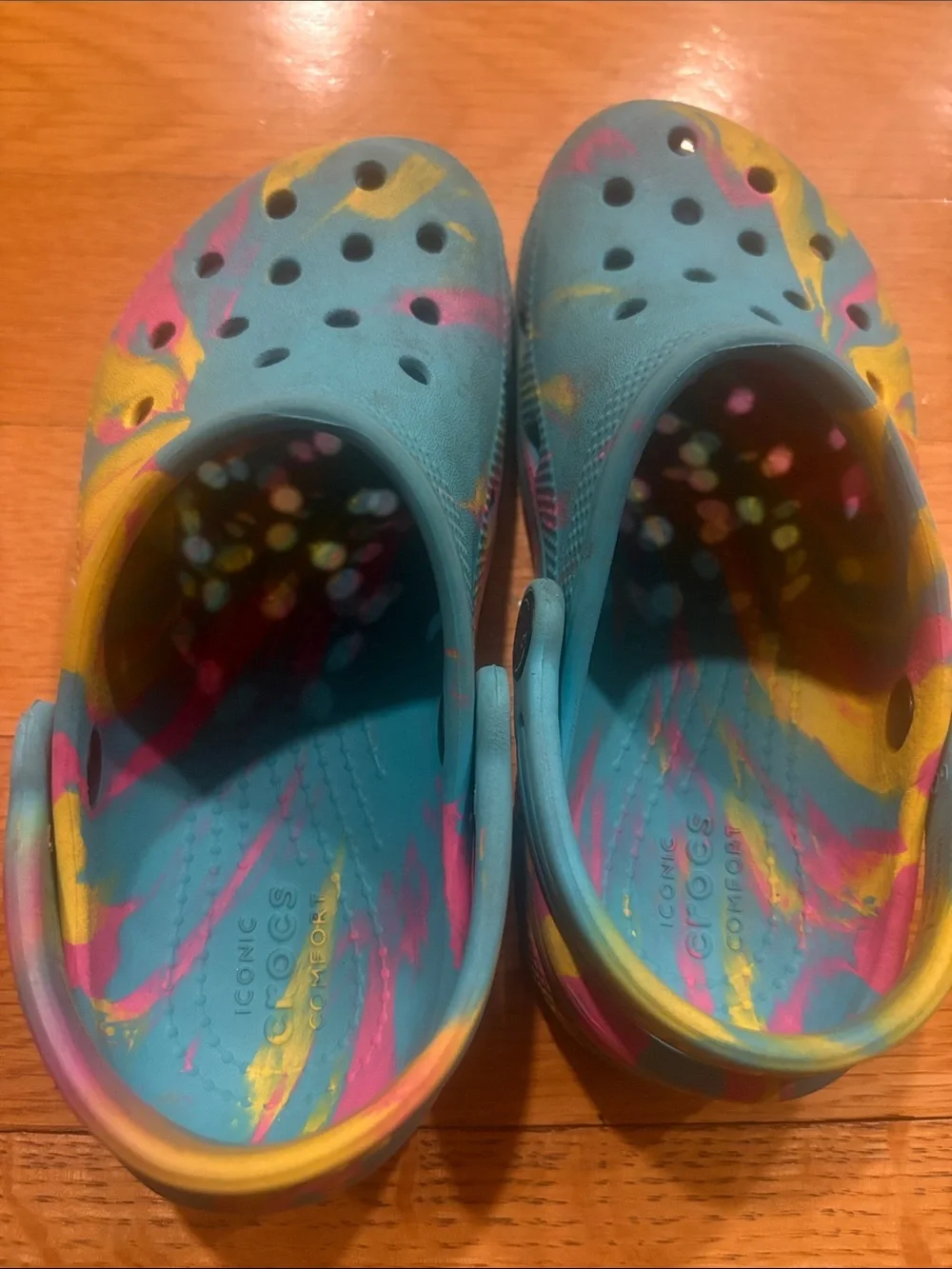 CROCS Kids Clog in Teal with Yellow & Pink Swirl Accents
